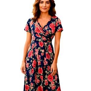 Women's Large Short Sleeves Maxi Long Floral Sun Dress Miss Size 12 14 L